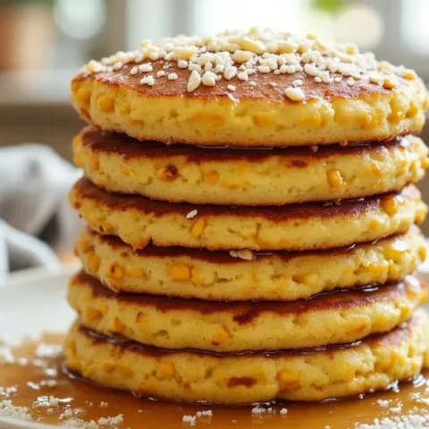 Stack of five golden Mexican sweet corn cakes drizzled with maple syrup on white plate