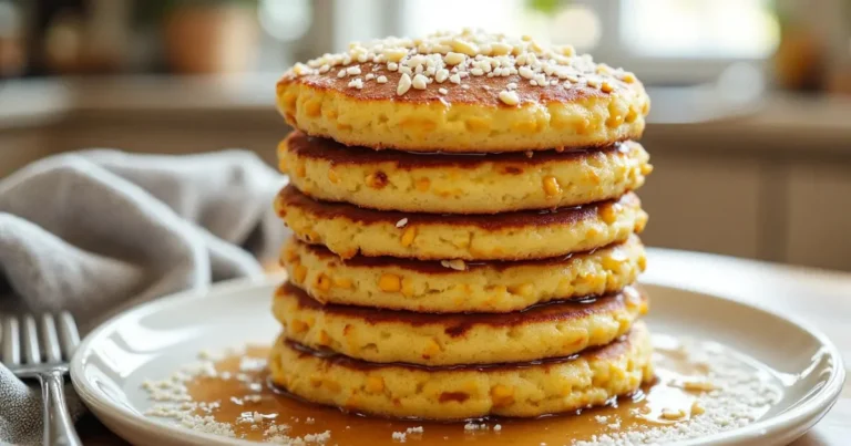 Stack of five golden Mexican sweet corn cakes drizzled with maple syrup on white plate