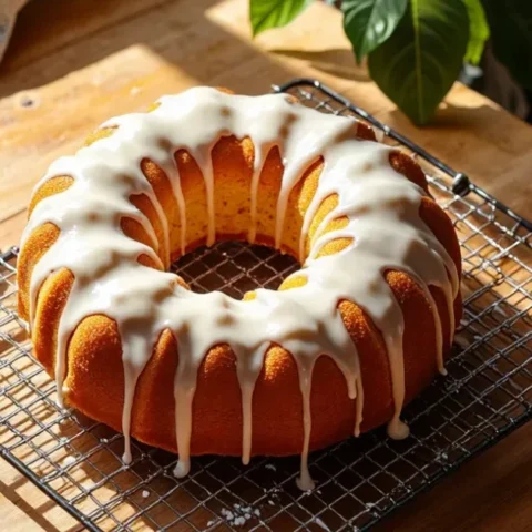 Million Dollar Pound Cake with vanilla glaze on wire rack in natural light