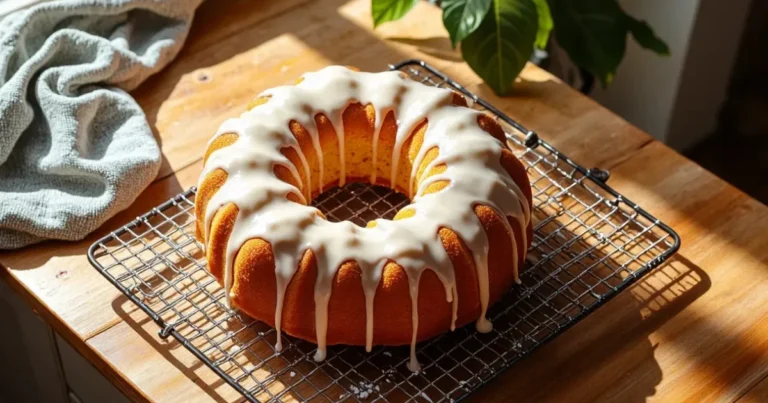 Million Dollar Pound Cake with vanilla glaze on wire rack in natural light