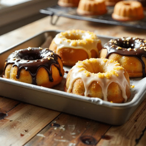 mini bundt cakes with chocolate and vanilla glaze on tray