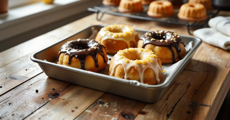 mini bundt cakes with chocolate and vanilla glaze on tray
