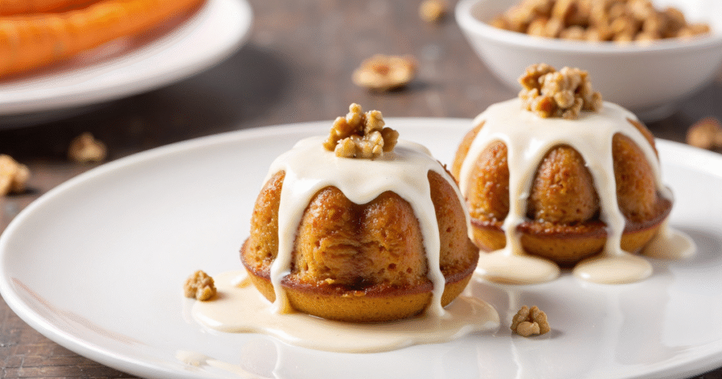 mini carrot bundt cakes with cream cheese glaze and walnuts