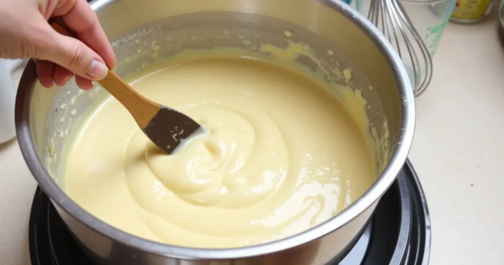 Mixing tandy cake batter in a large bowl with a spoon for homemade peanut butter tandy cake