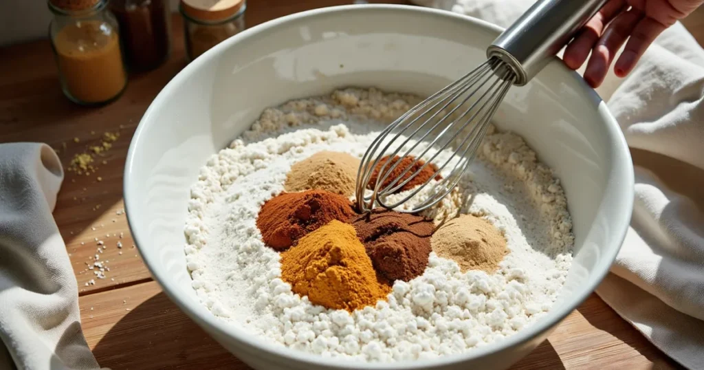 Mixing flour, spices, and baking powder for easy carrot Bundt cake recipe
