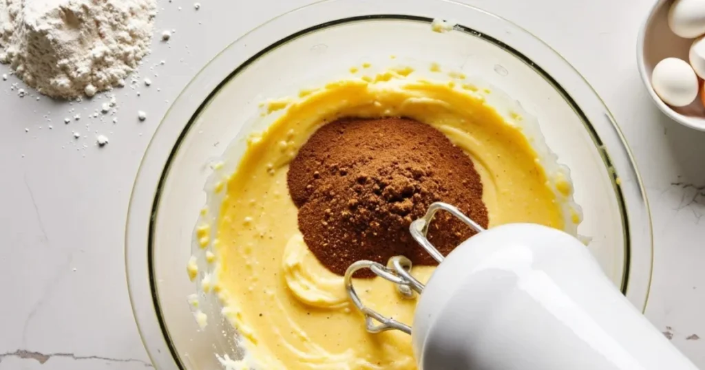 Creaming butter, brown sugar, and eggs to make moist sticky date cake batter