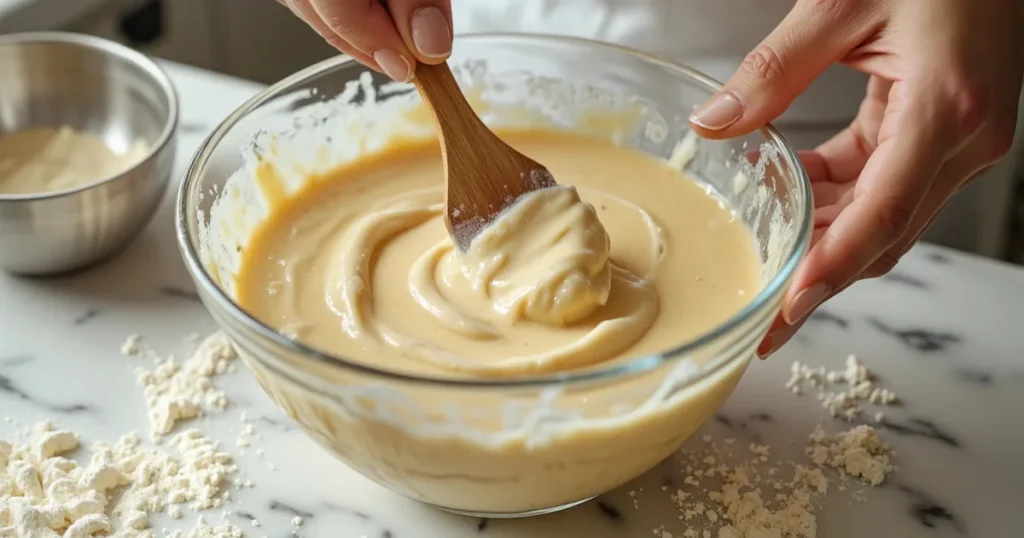 Mixing cream cheese pound cake batter with wooden spoon in glass bowl