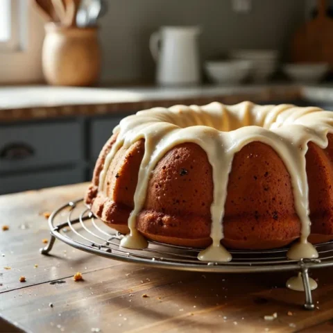 Moist carrot Bundt cake with pineapple and cream cheese glaze on rustic kitchen table