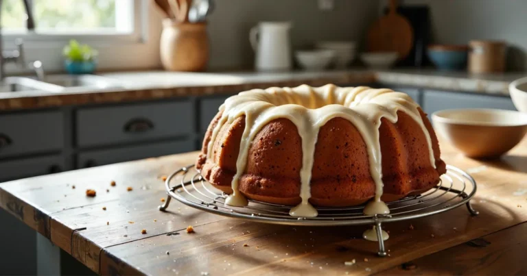 Moist carrot Bundt cake with pineapple and cream cheese glaze on rustic kitchen table