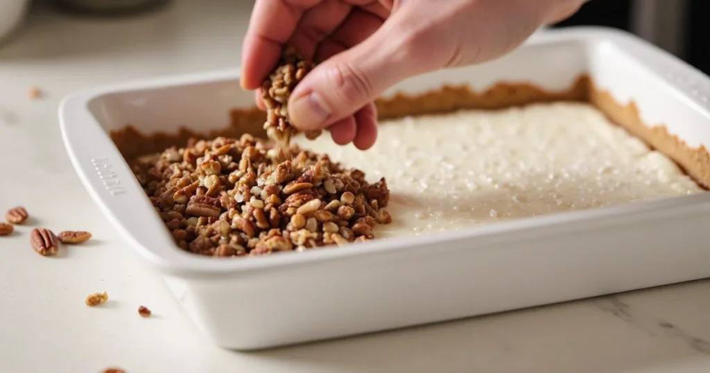 Adding chopped pecans to Neiman Marcus cake topping