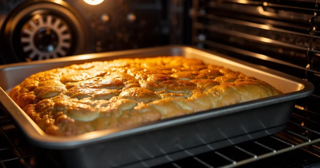 Neiman Marcus cake baking in oven until golden brown