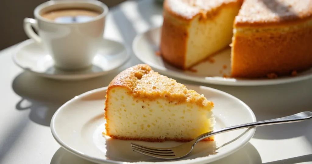 Close-up of Neiman Marcus cake slice with coffee cup