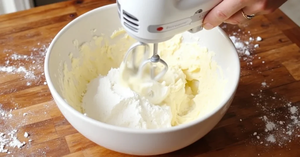 Beating cream cheese and powdered sugar for cake topping