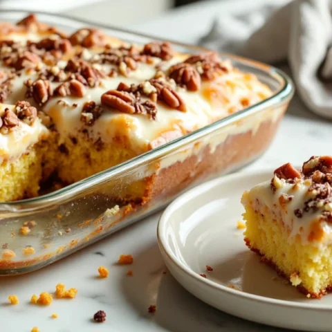 Neiman Marcus cake with cream cheese frosting and pecans in baking dish