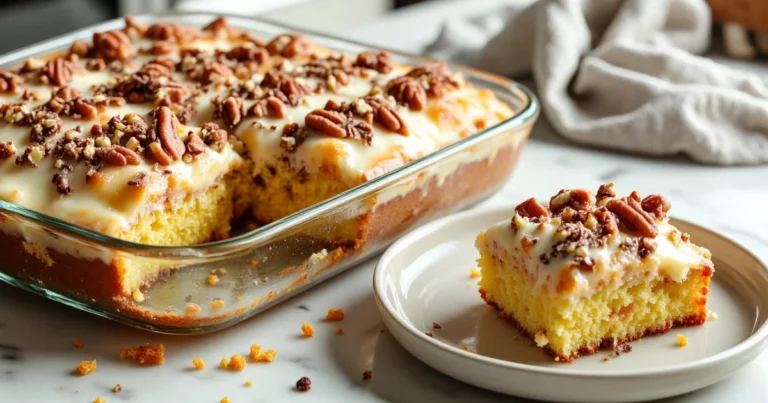Neiman Marcus cake with cream cheese frosting and pecans in baking dish