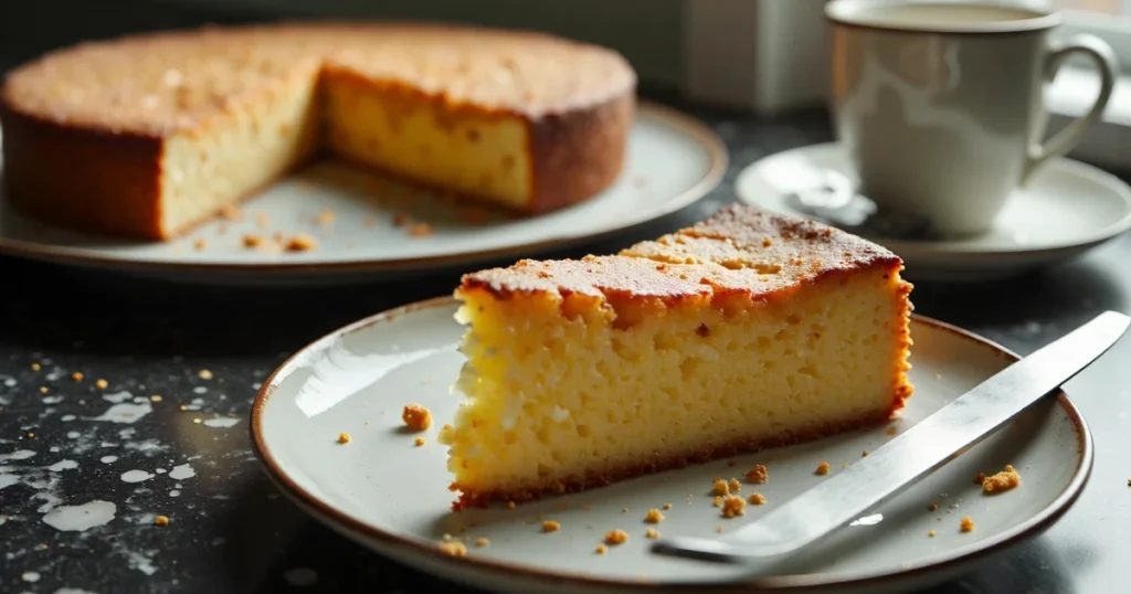 Sliced Neiman Marcus cake on plate with coffee