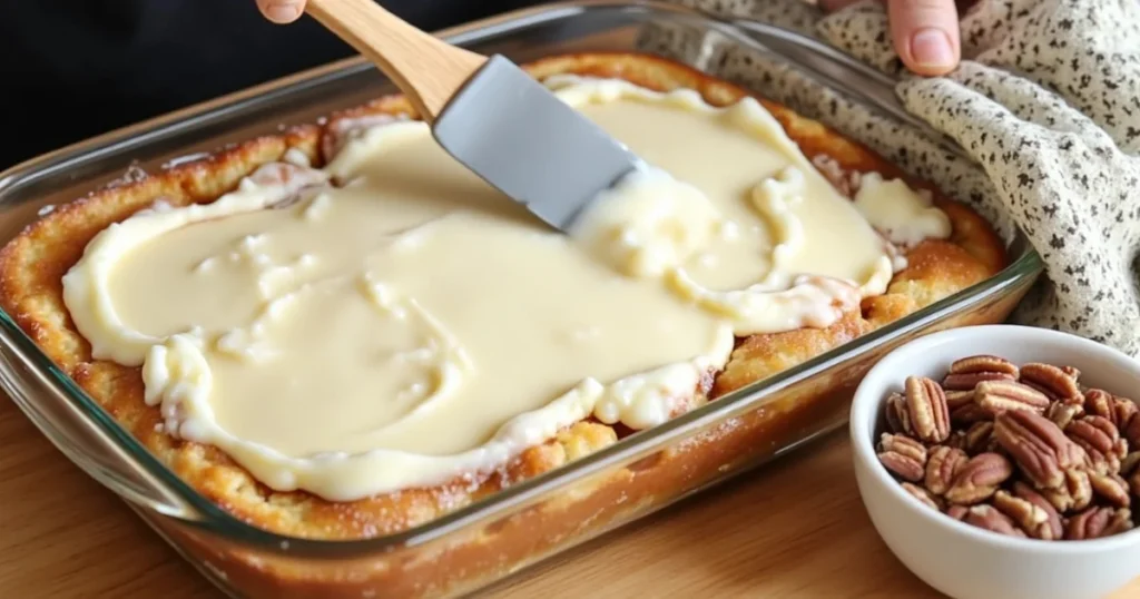 Spreading cream cheese topping on Neiman Marcus cake