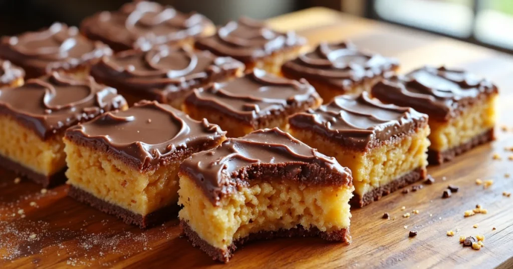 Sliced peanut butter tandy cake with creamy peanut butter and chocolate topping on a wooden board