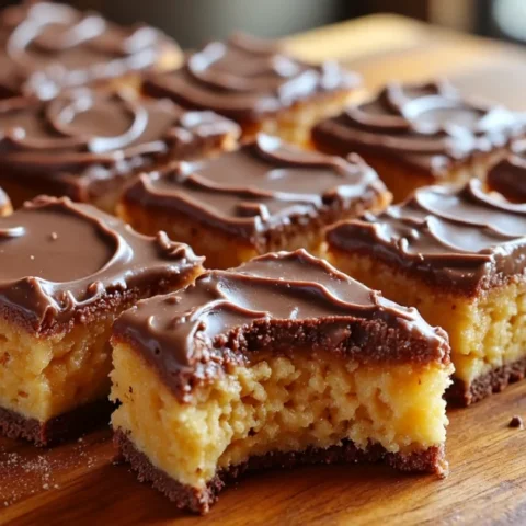 Sliced peanut butter tandy cake with creamy peanut butter and chocolate topping on a wooden board