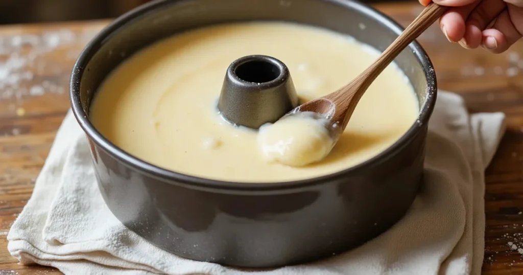 Pound cake batter in bundt pan being smoothed with a spoon
