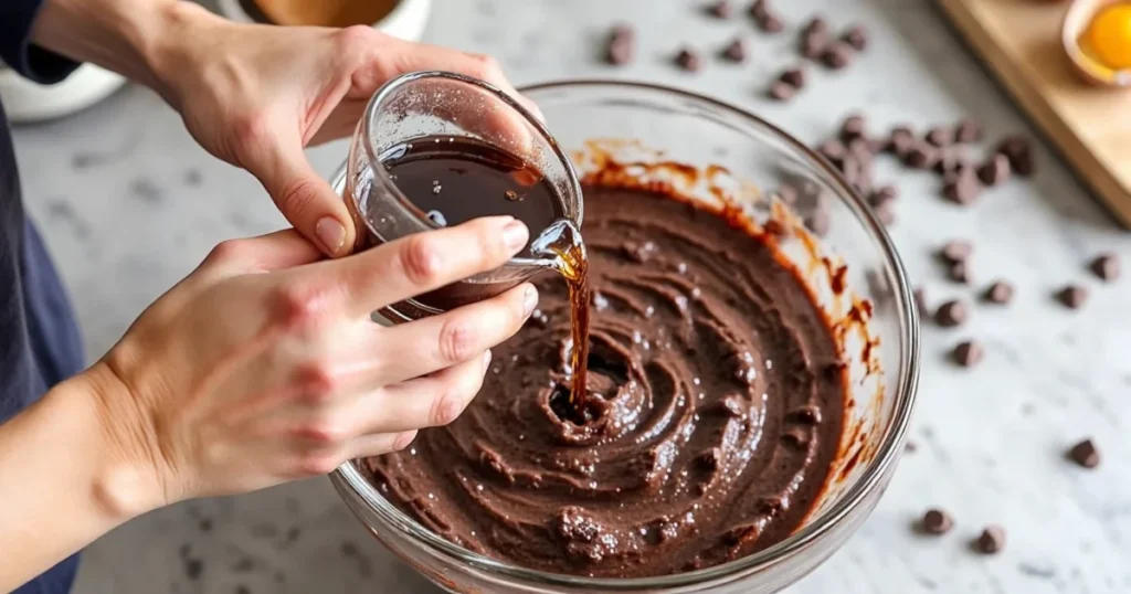 Pouring Dr Pepper soda into chocolate cake batter in glass bowl