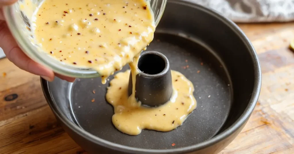 Pound cake batter being poured into greased bundt pan before baking
