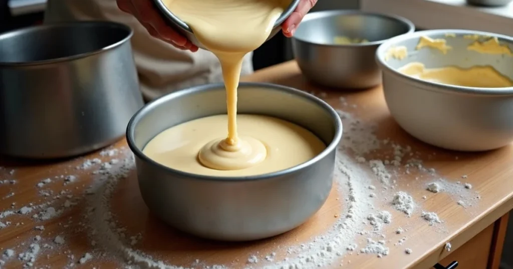 Pouring vanilla cake batter into Wilton soccer ball pan, filling three-quarters full.