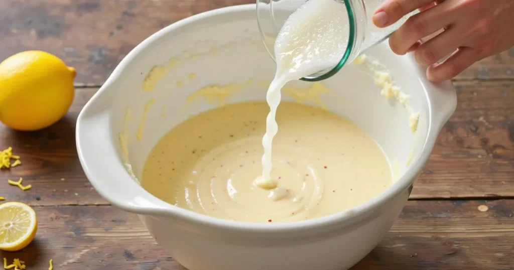 Pouring fizzy 7 Up soda into cake batter to add lift and citrus flavour