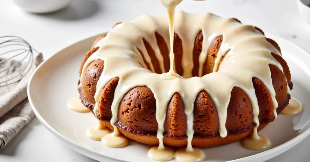 Pouring cream cheese glaze over fresh carrot Bundt cake for a moist finish