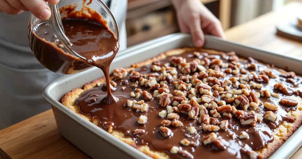 Pouring chocolate pecan fudge frosting over Dr Pepper sheet cake