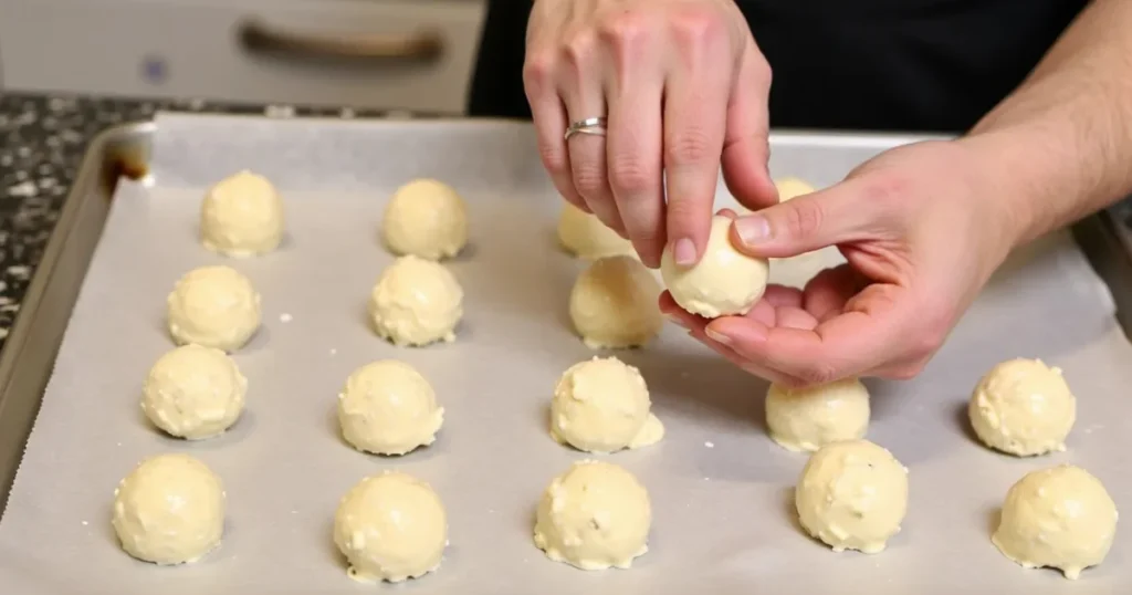 Shaping cake pop mixture into round balls before freezing for Starbucks copycat recipe