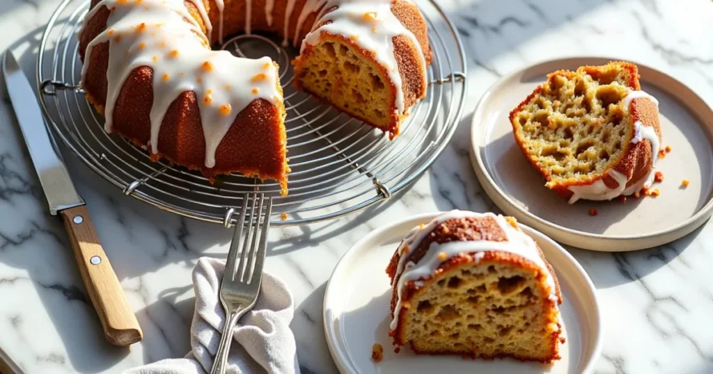 Slices of moist carrot Bundt cake with pineapple and cream cheese frosting on plates