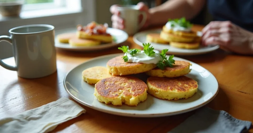 Breakfast serving of corn cakes topped with crema beside coffee cup
