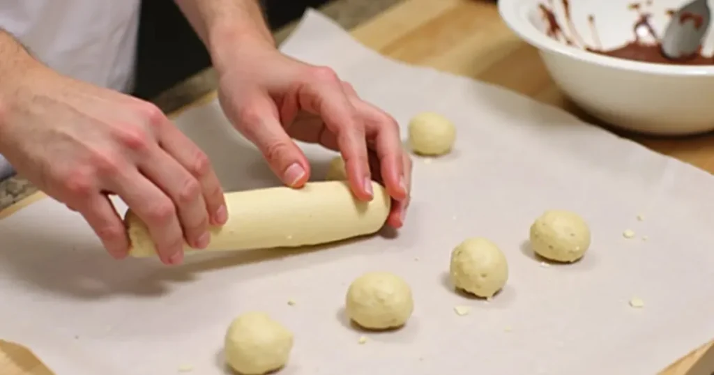 Person forming smooth cake balls on parchment paper