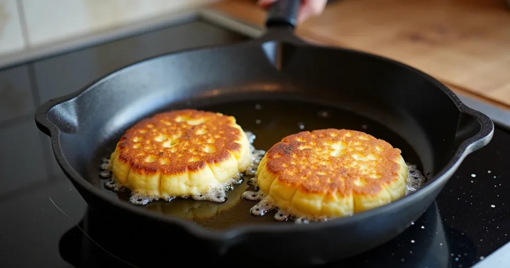 Two corn cakes frying in a cast-iron skillet until golden brown