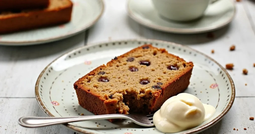 Slice of moist sticky date cake served with cream and tea