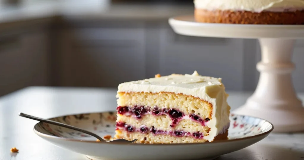 Close-up slice of Berry Chantilly Cake showing vanilla crumb, berry filling, and chantilly cream