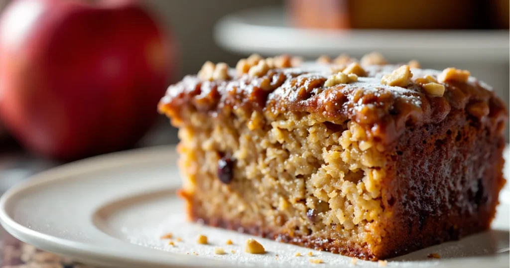 Hand holding a slice of mahogany-brown applesauce cake showing moist crumb with walnut bits and apple flecks, powdered sugar smudge on the edge of the plate