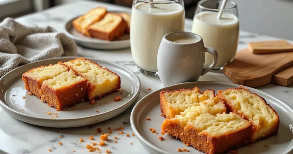 Slices of moist 7 Up cake served with milk on plates