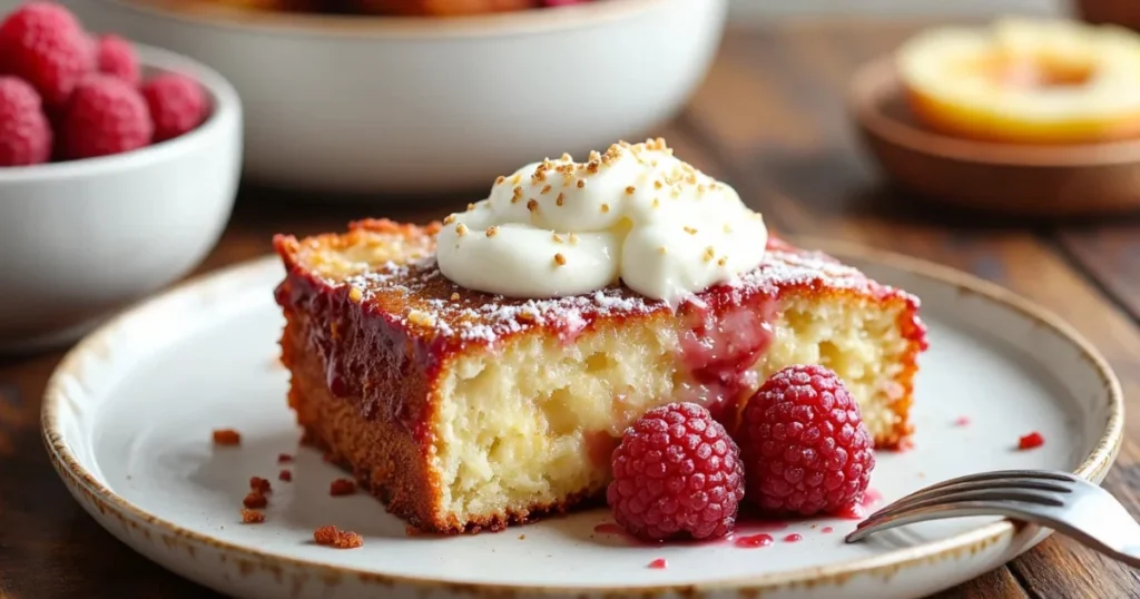 Slice of cream cheese pound cake served with raspberries and whipped cream