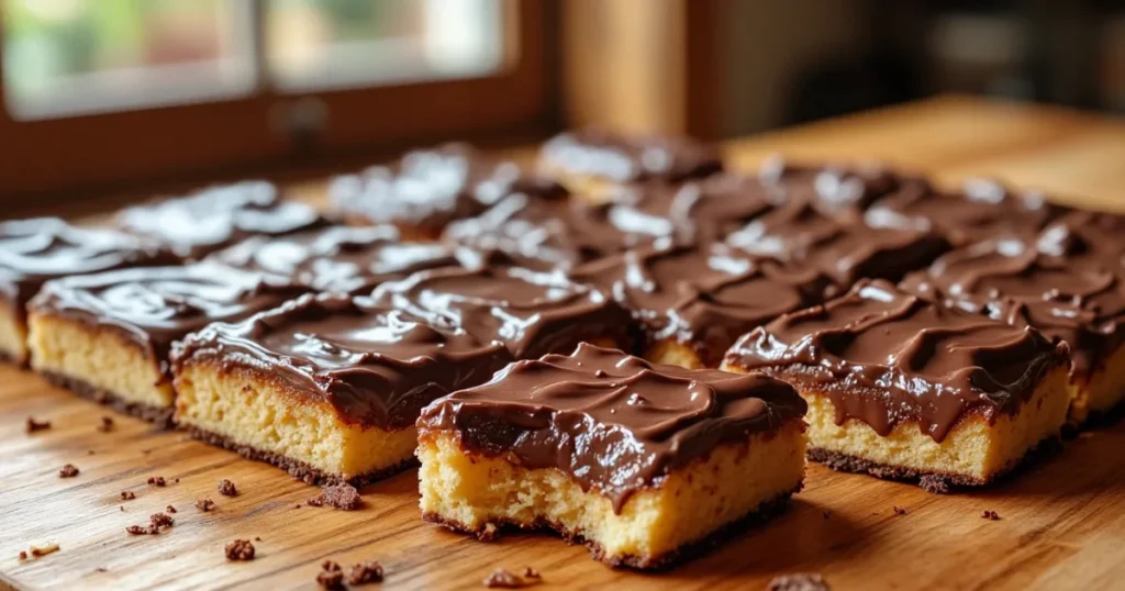 Close-up of sliced homemade Tastykake peanut butter tandy cake with chocolate and peanut butter layers