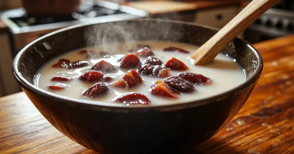 How to soak chopped Medjool dates in hot milk and baking soda for a sticky date cake