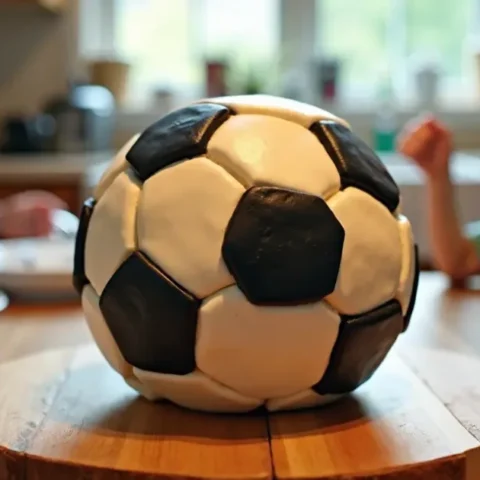 Kids cheering around finished soccer-ball cake centerpiece on wooden board.