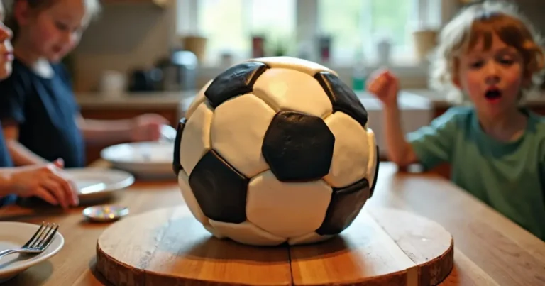 Kids cheering around finished soccer-ball cake centerpiece on wooden board.