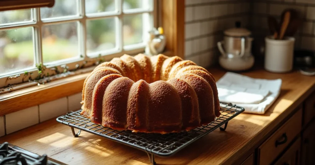 Baked pound cake cooling on rack in a rustic Southern kitchen