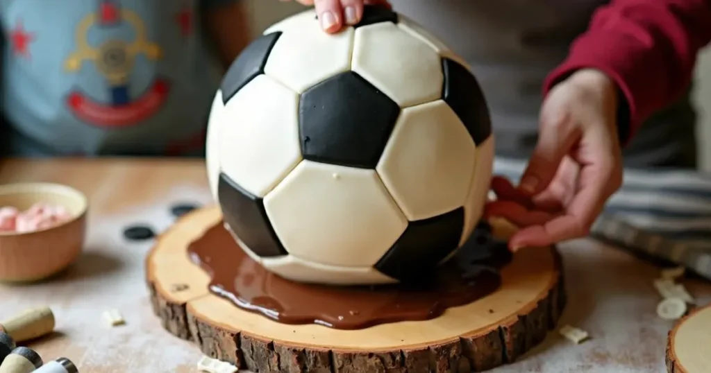 Finished soccer ball cake mounted on rustic Lazy-Susan for spinning party display.