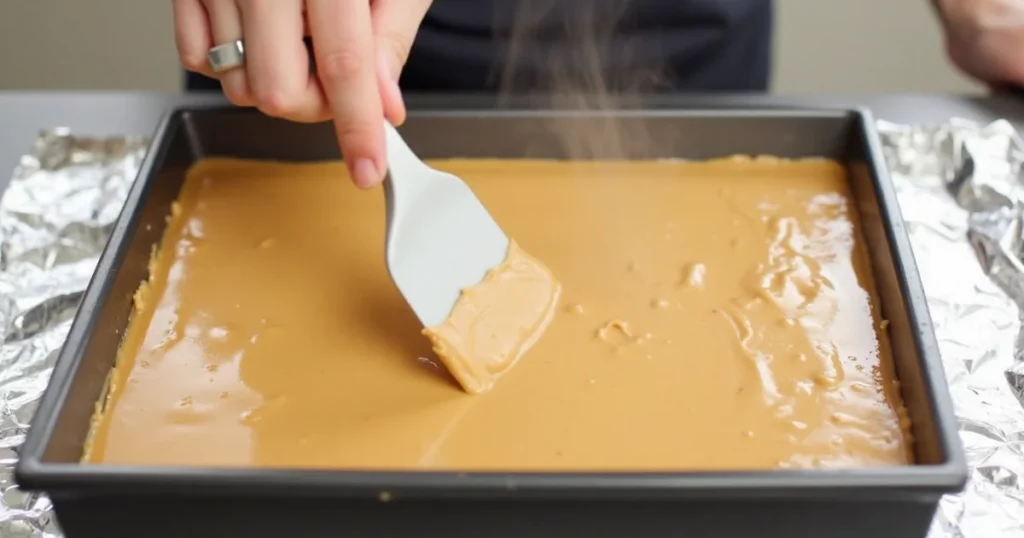 Spreading creamy peanut butter over warm tandy cake base in a baking pan
