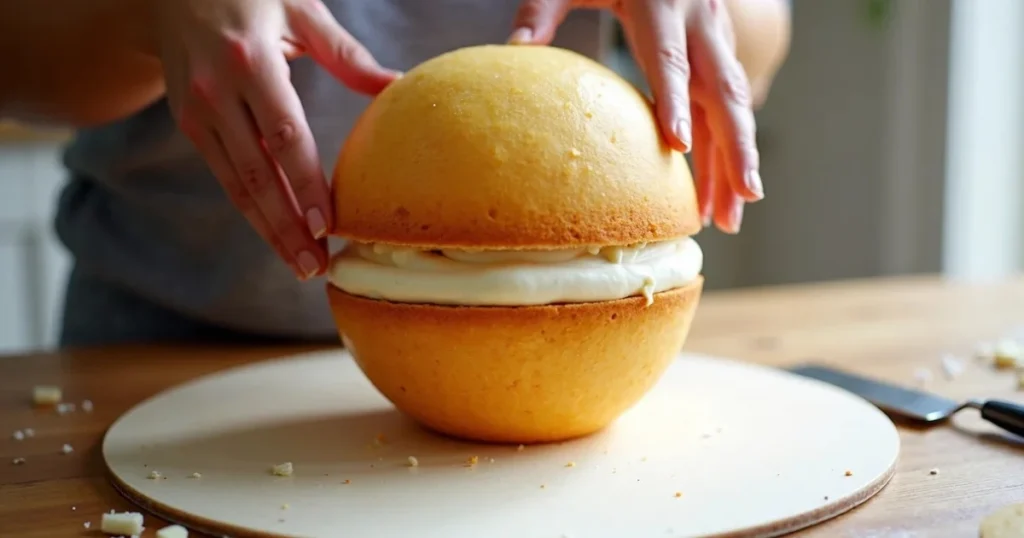 Stacking chilled hemispheres with buttercream layer to form full soccer ball cake.