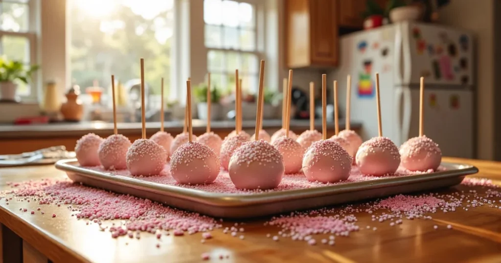 Homemade Starbucks birthday cake pops with pink coating and white sprinkles