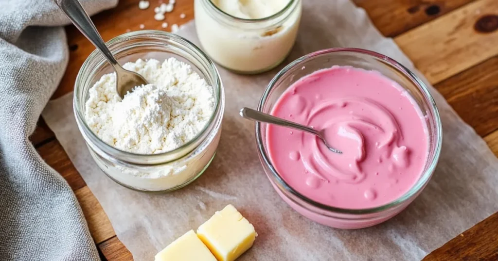 Starbucks cake pop ingredients including vanilla cake mix, frosting, and pink candy melts